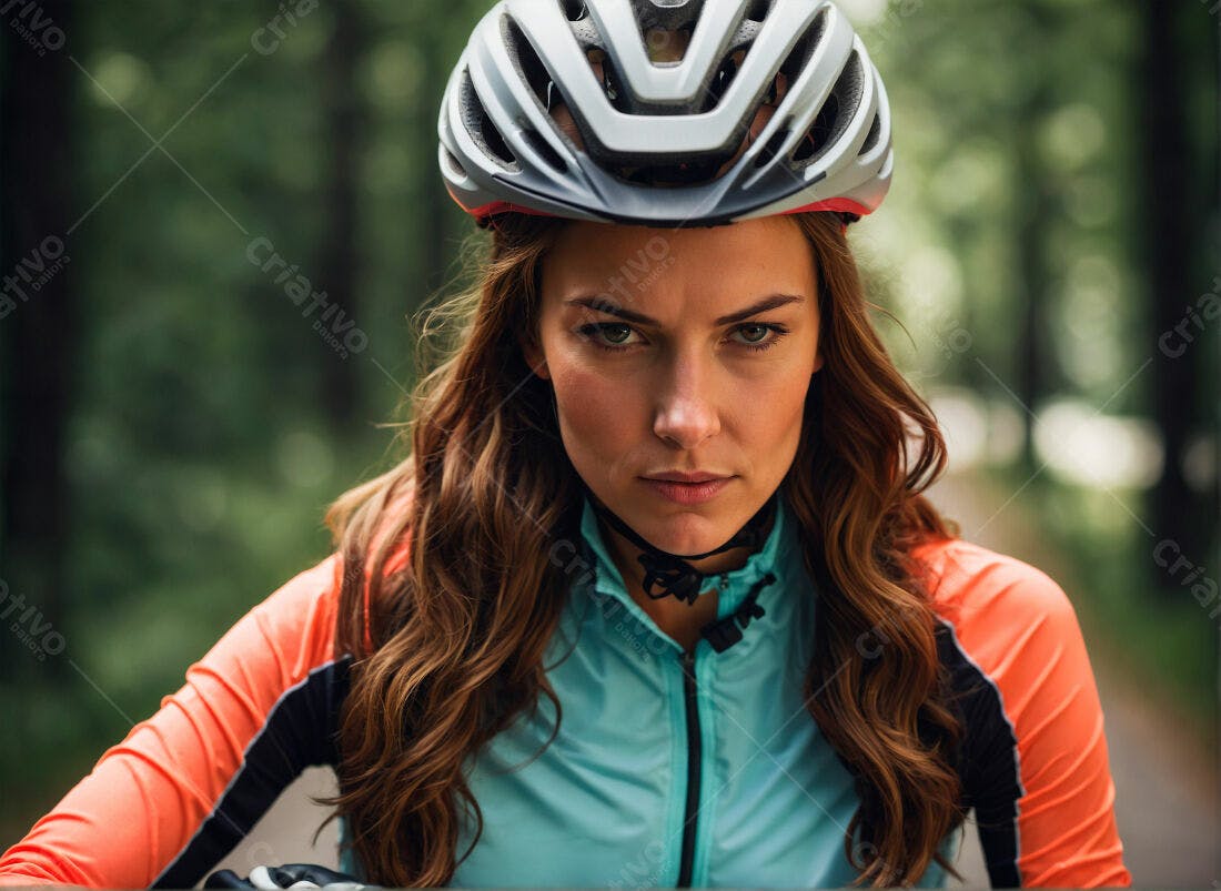 Ciclista mulher em trilha floresta verde