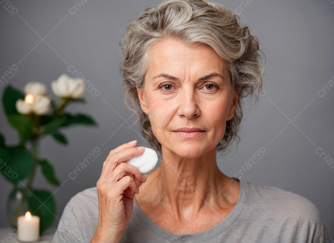 Mulher madura aplicando tônico facial