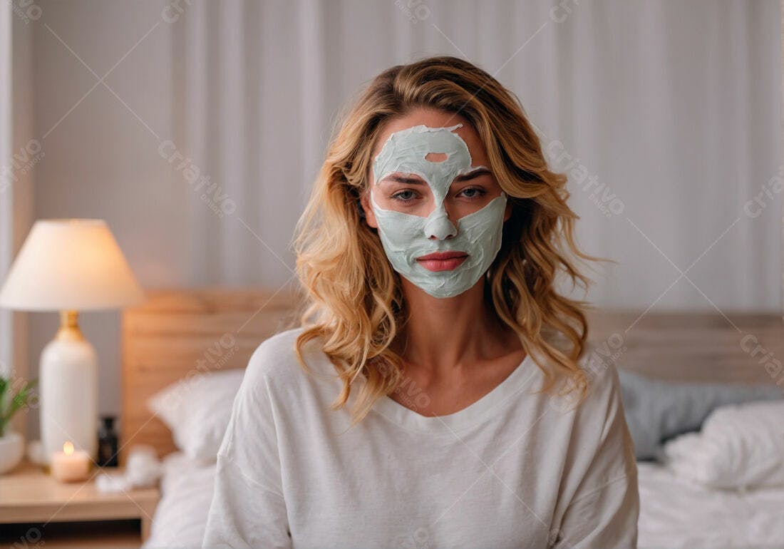 Mulher com máscara facial em quarto aconchegante
