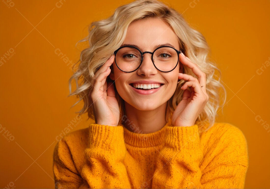 Mulher loira sorrindo com óculos fundo amarelo