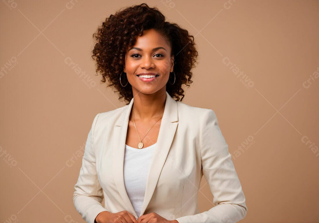 Mulher negra sorridente em blazer bege