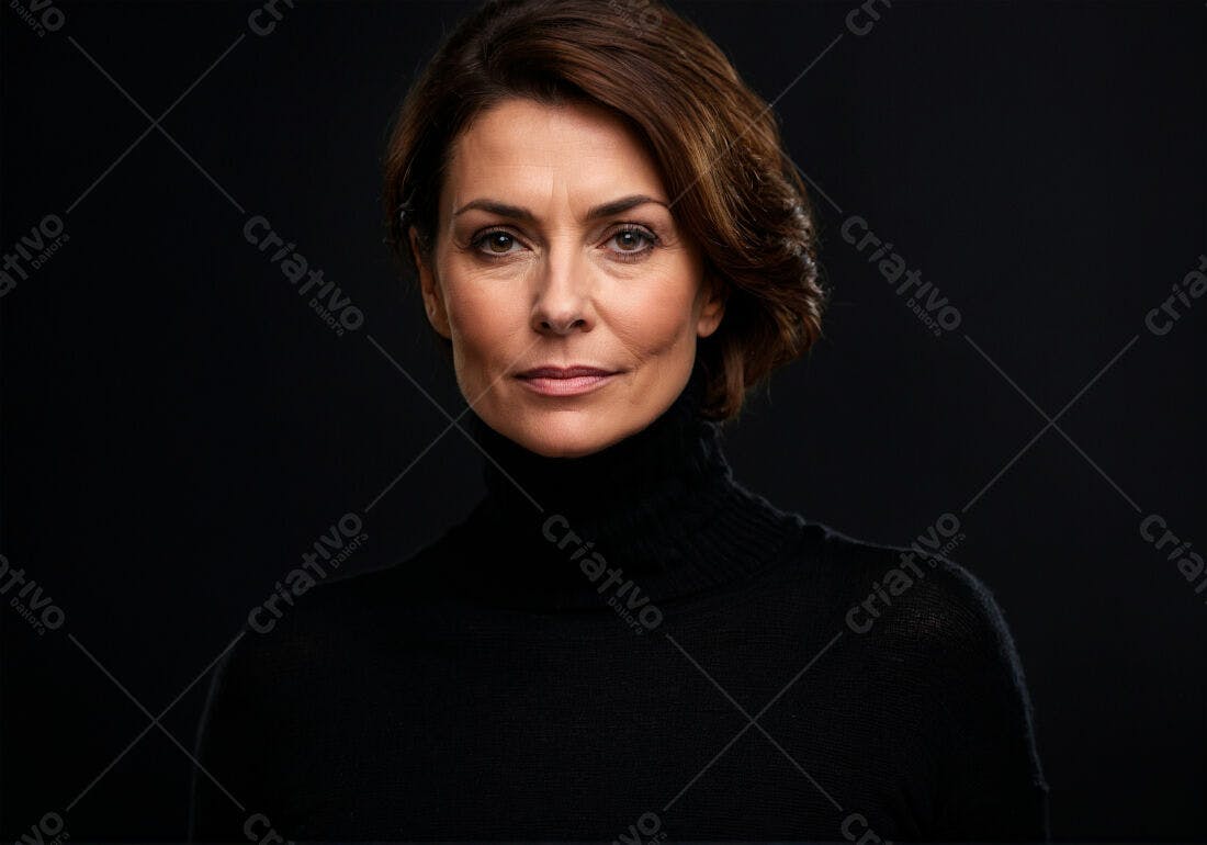 Mulher madura em blusa preta fundo escuro