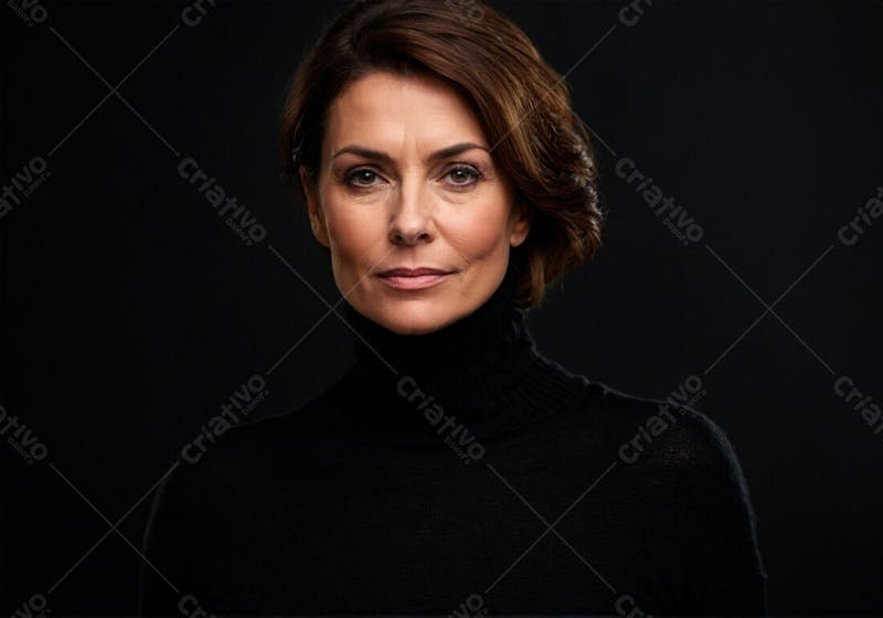 Mulher nos seus 40s com roupa escura sobre fundo preto