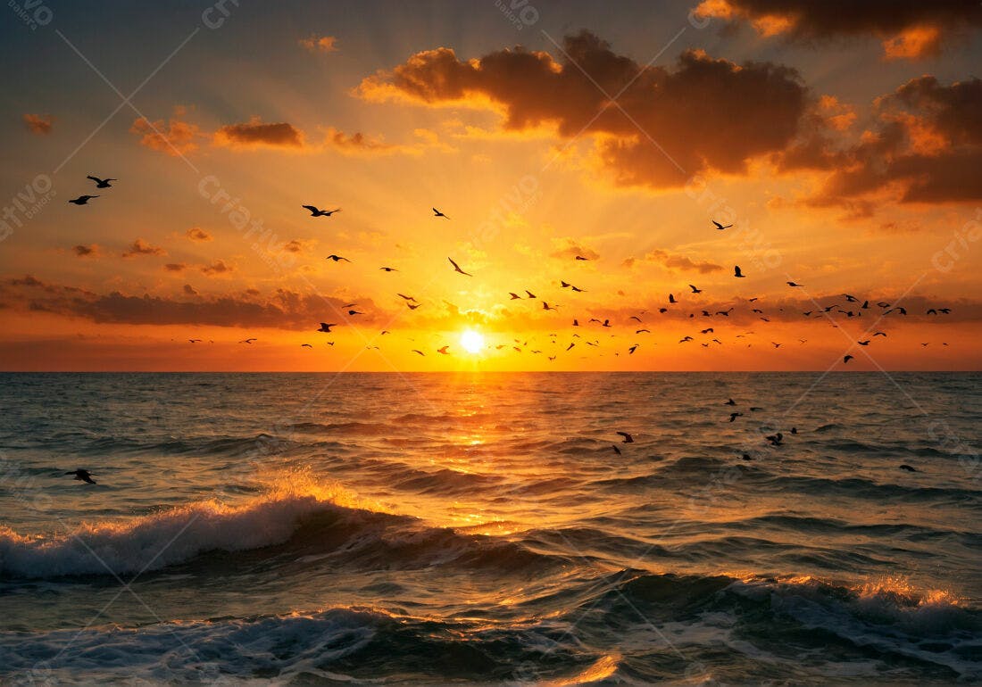Pôr do sol laranja com pássaros sobre o mar
