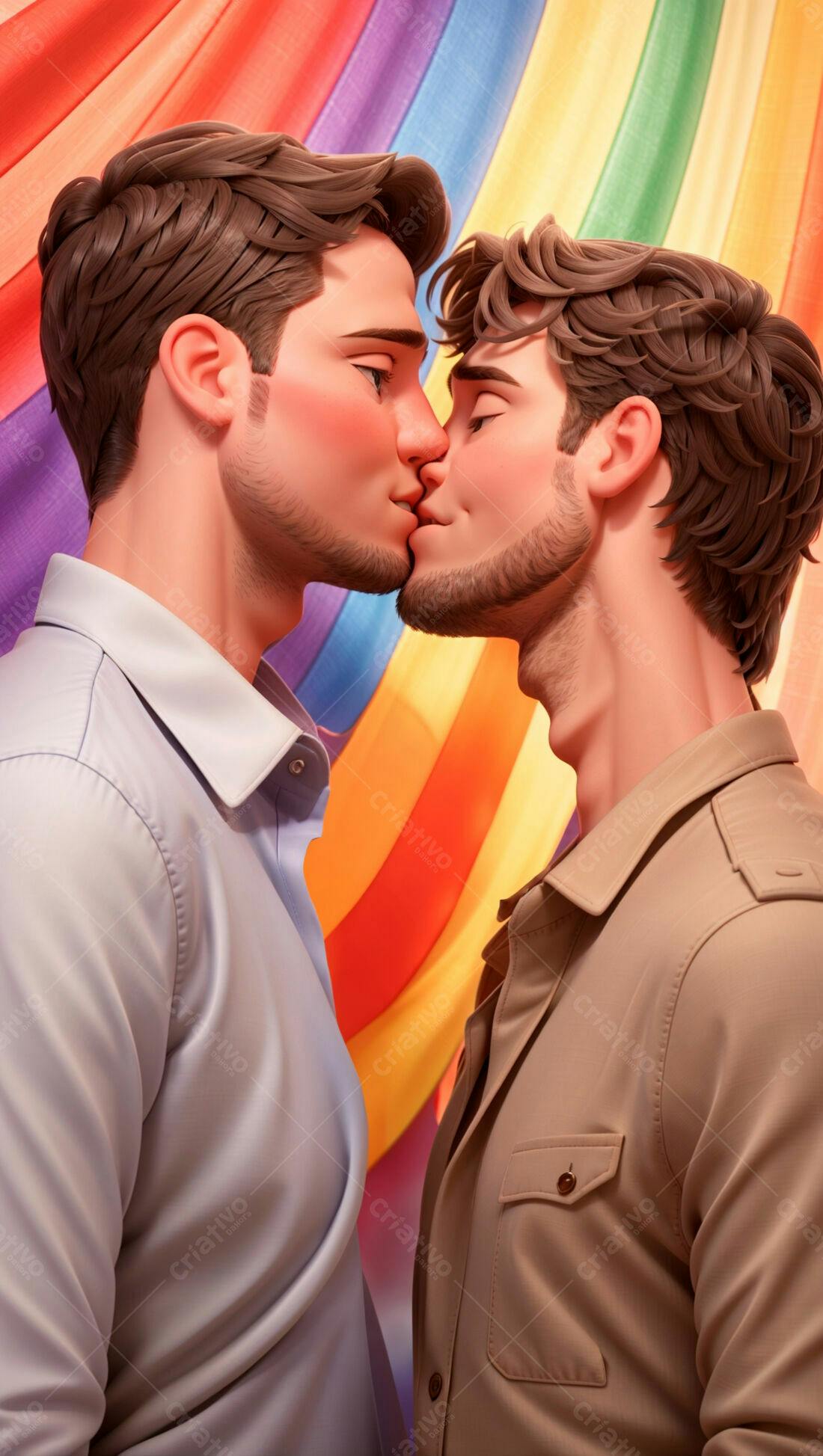 Casal gay se beijando fundo arco-íris
