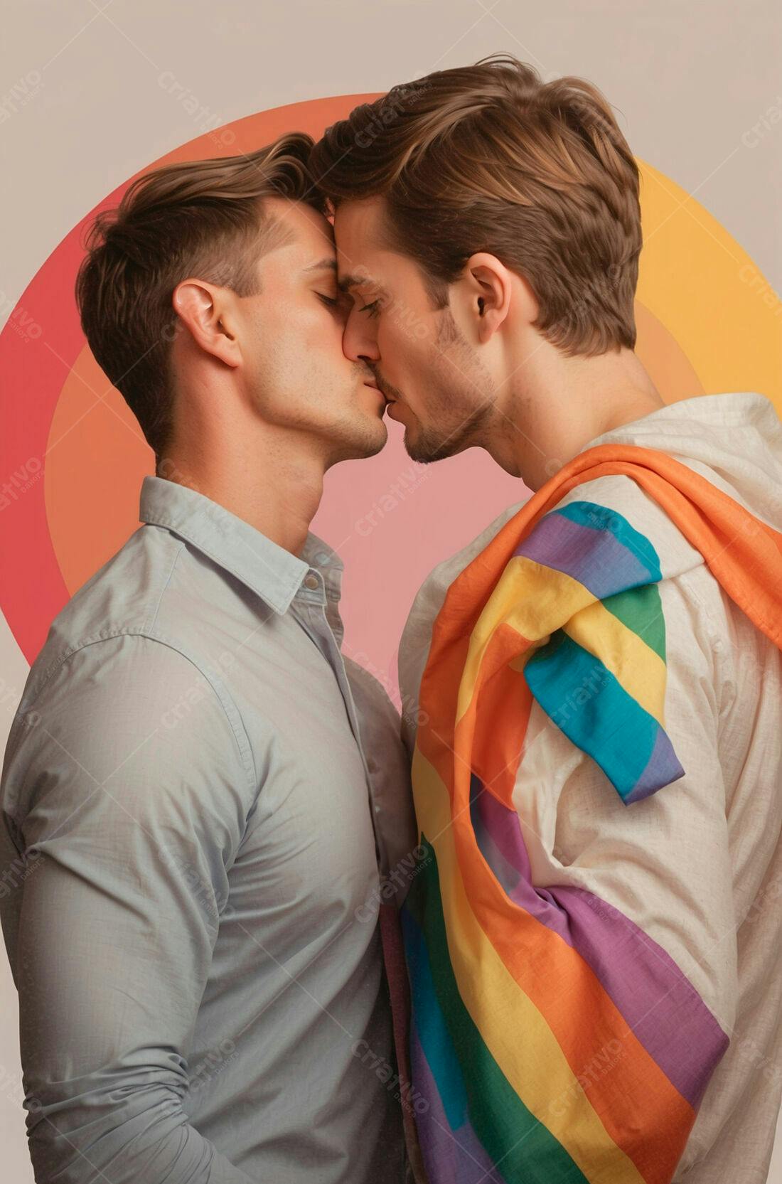 Casal gay se beijando com bandeira LGBTQIA+