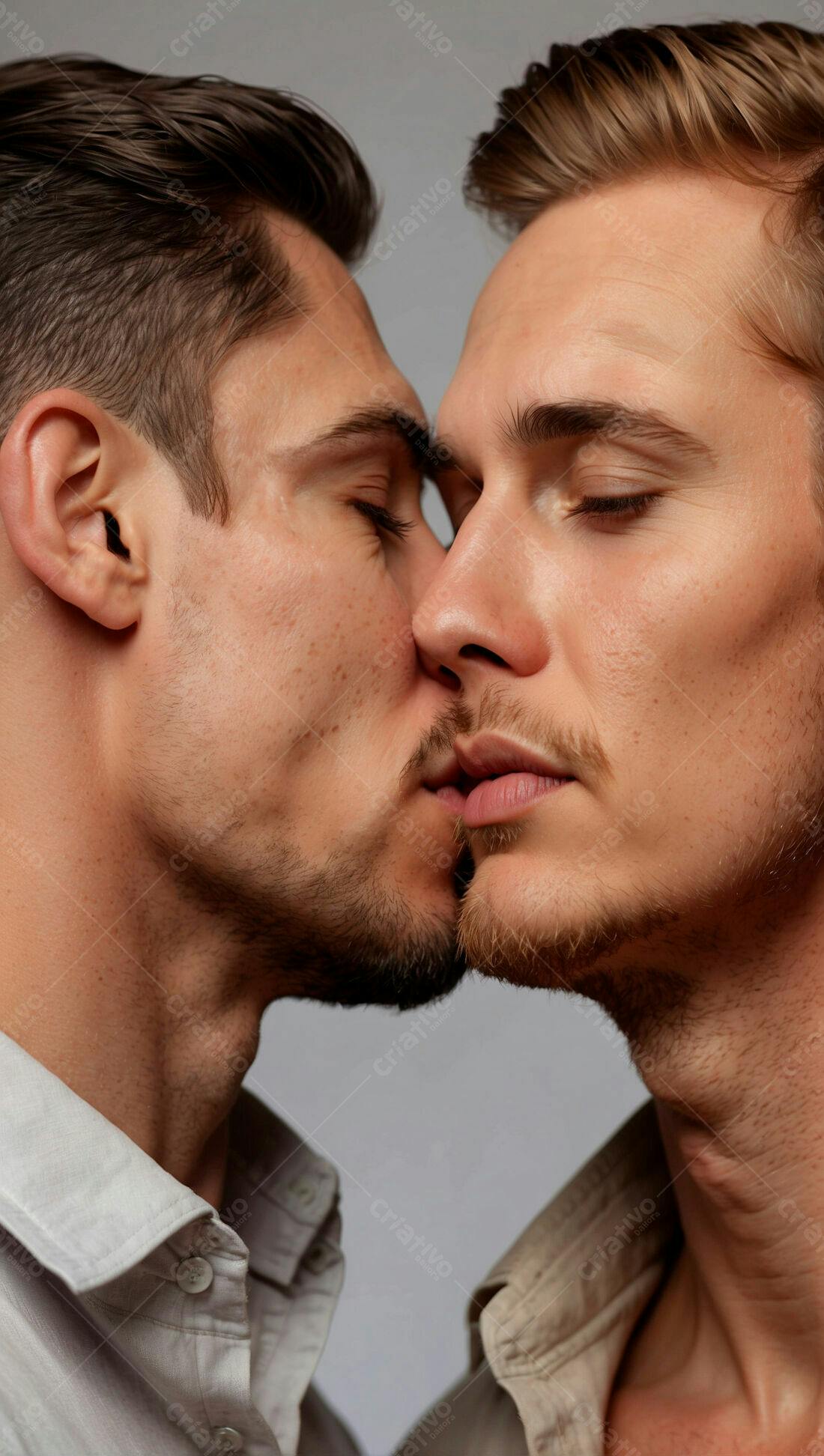 Casal gay se beijando fundo neutro