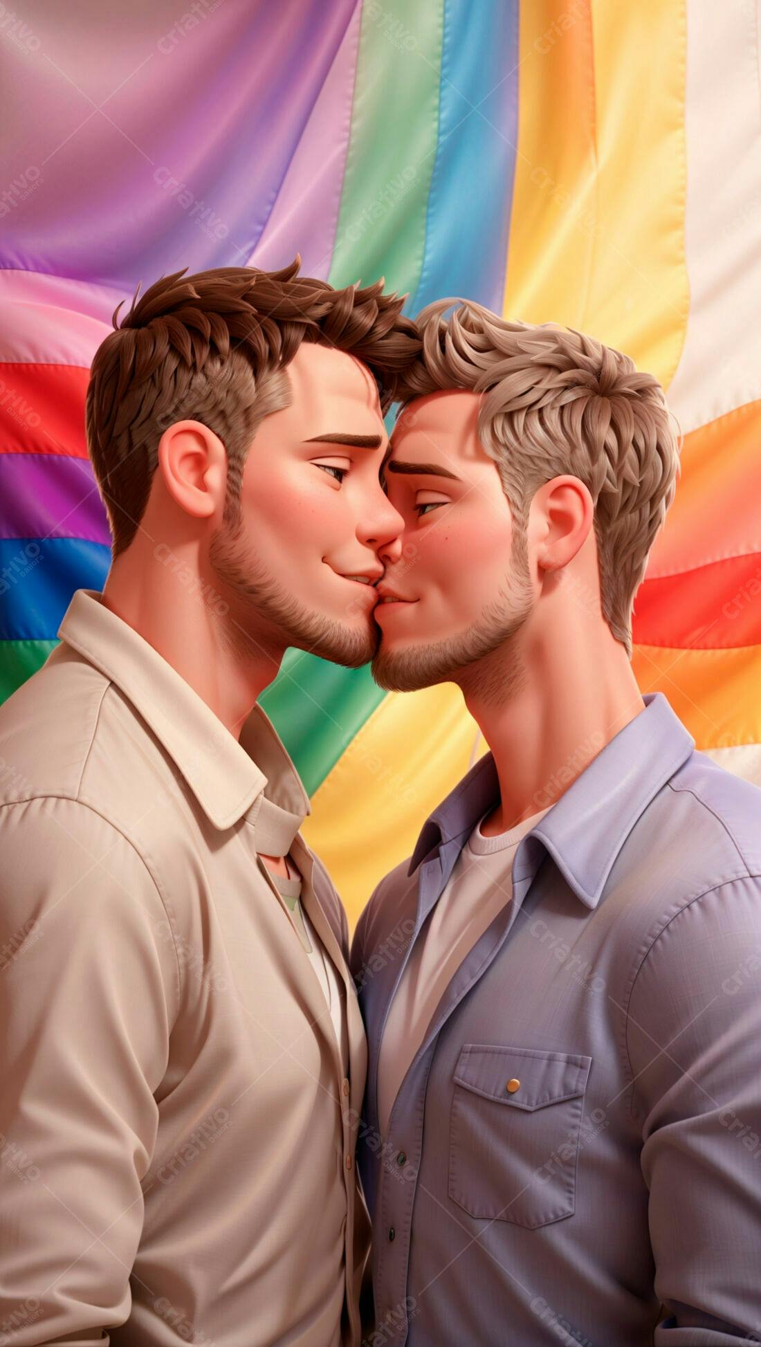 Casal gay se beijando fundo arco-íris