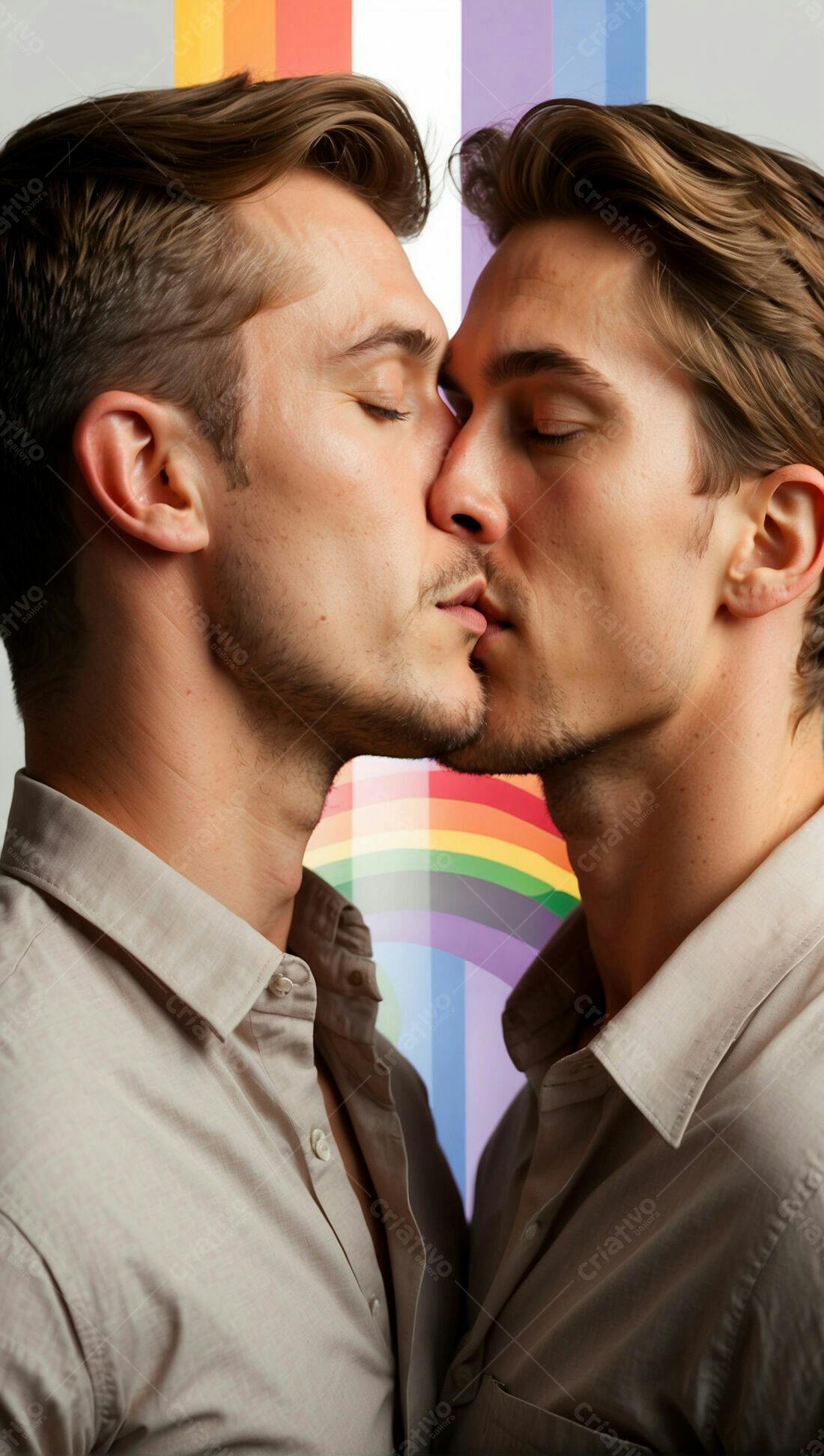 Casal gay se beijando fundo arco-íris
