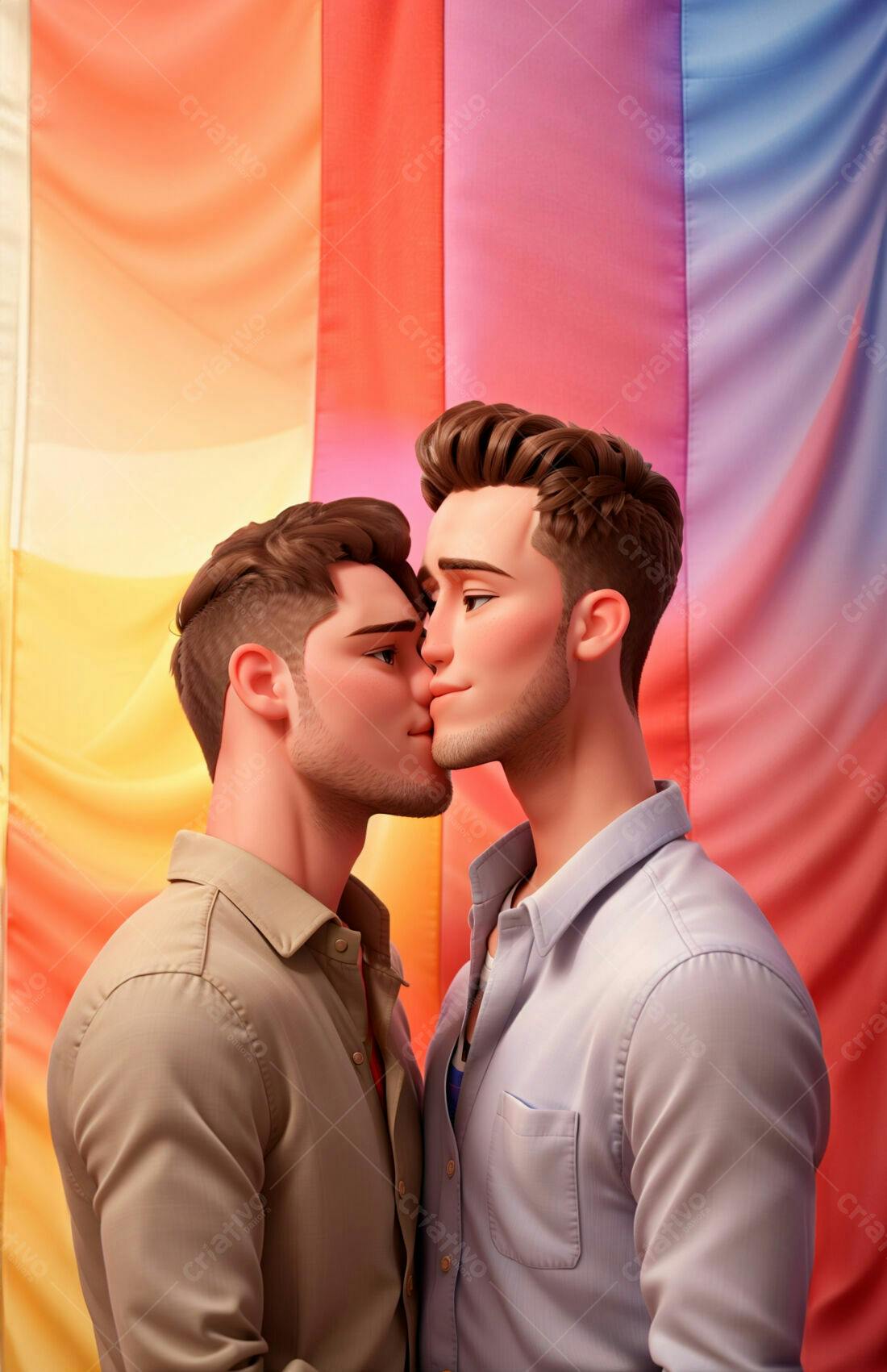Casal gay se beijando fundo arco-íris