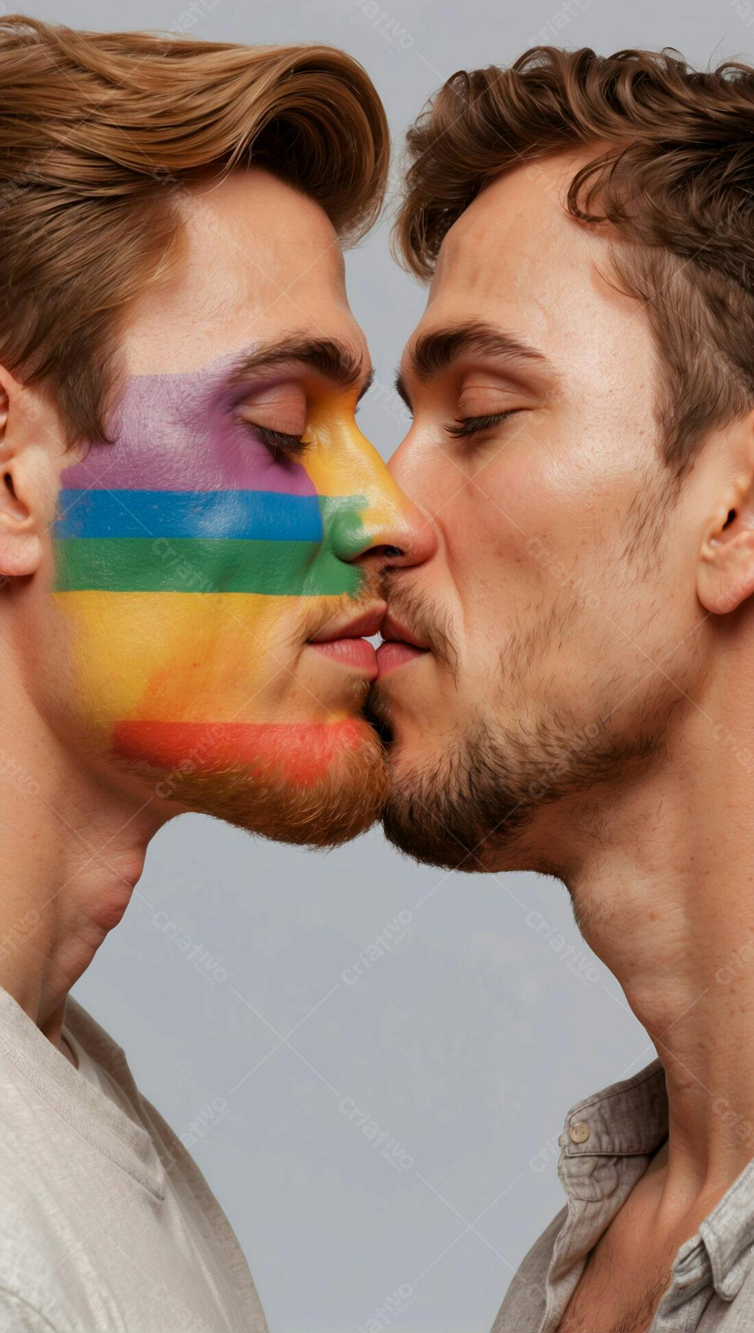 Casal gay se beijando com pintura arco-íris