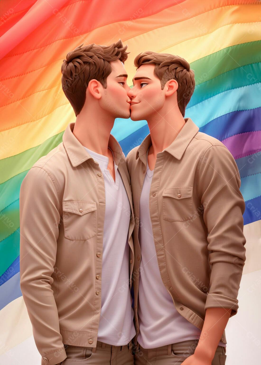 Casal gay se beijando fundo arco-íris