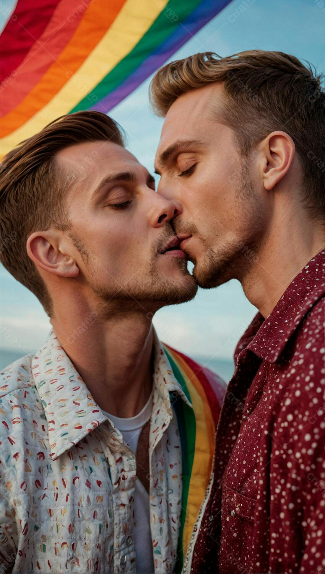 Casal gay se beijando com bandeira arco-íris