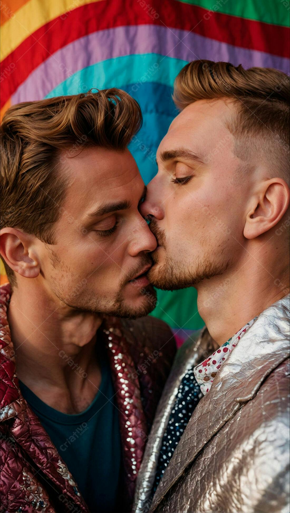 Casal gay se beijando fundo arco-íris
