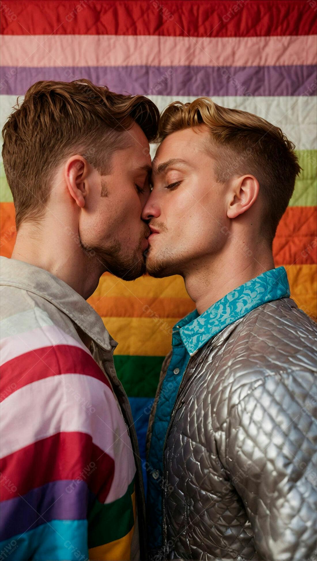 Casal gay se beijando fundo arco-íris