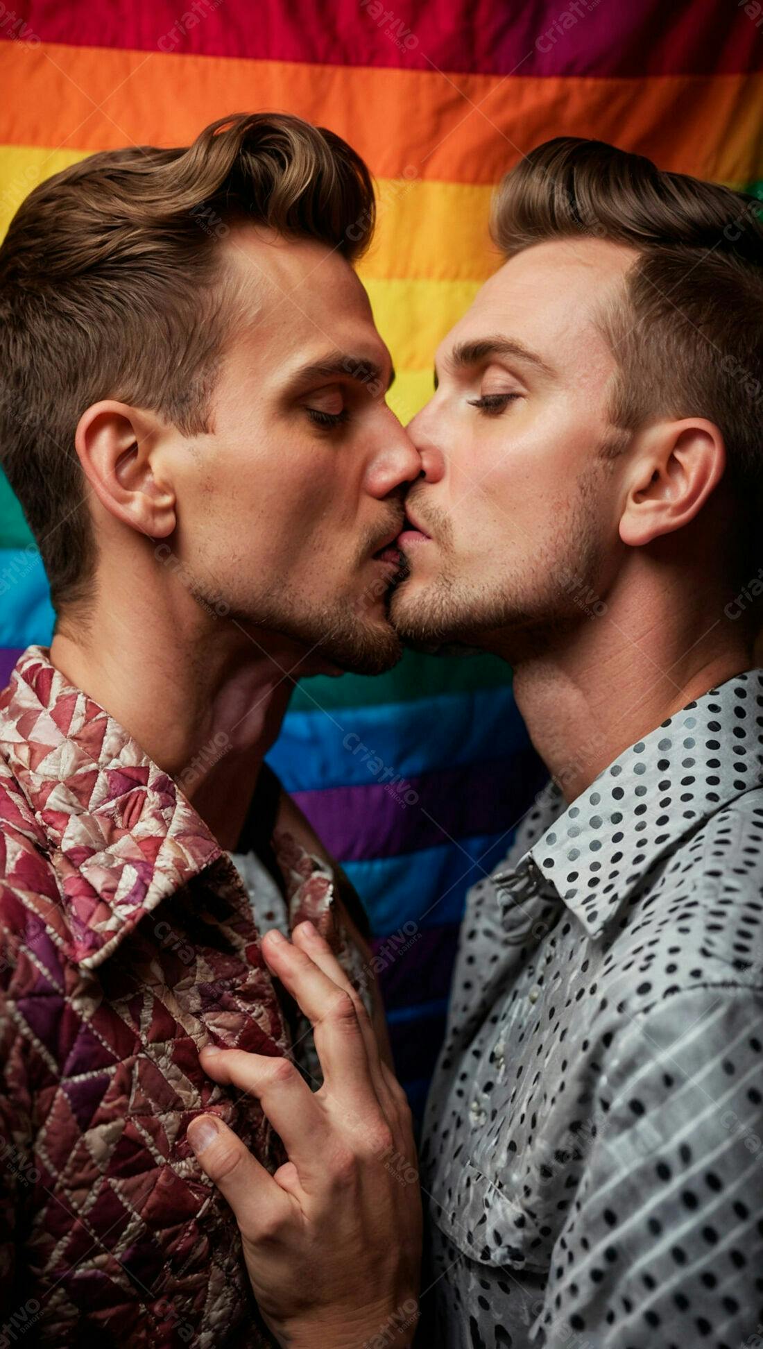 Casal gay se beijando fundo arco-íris