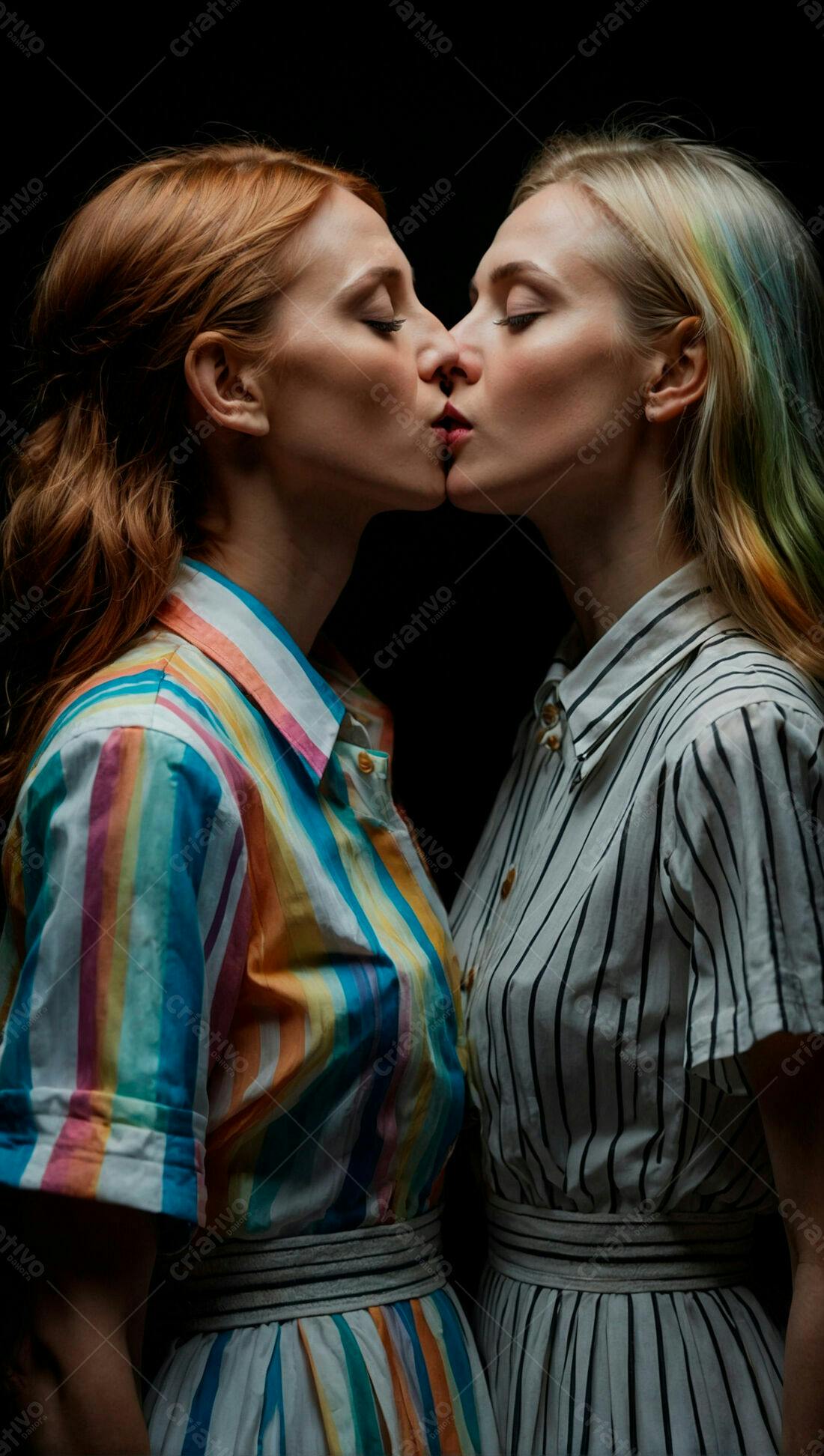 Casal lésbico se beijando fundo escuro