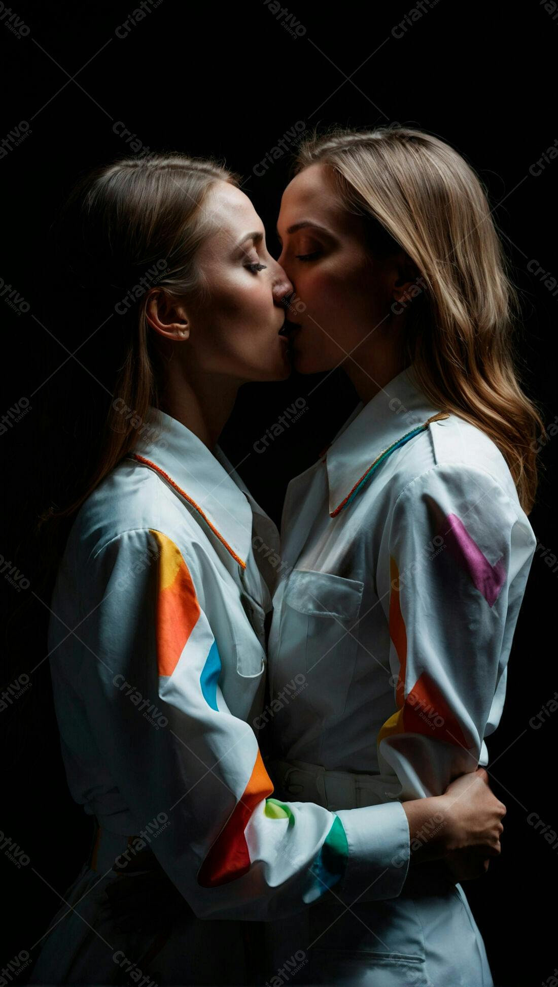 Casal lésbico se beijando fundo escuro