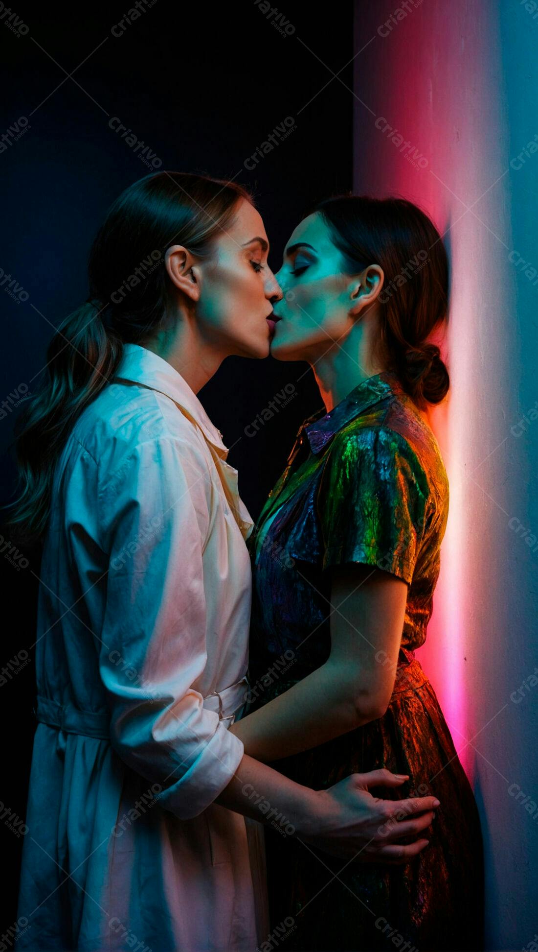 Casal lésbico se beijando em iluminação neon