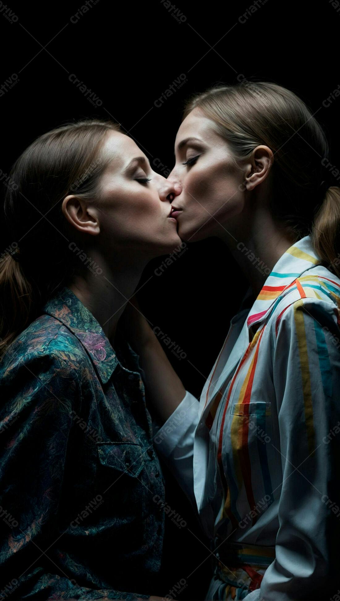 Casal lésbico se beijando fundo escuro