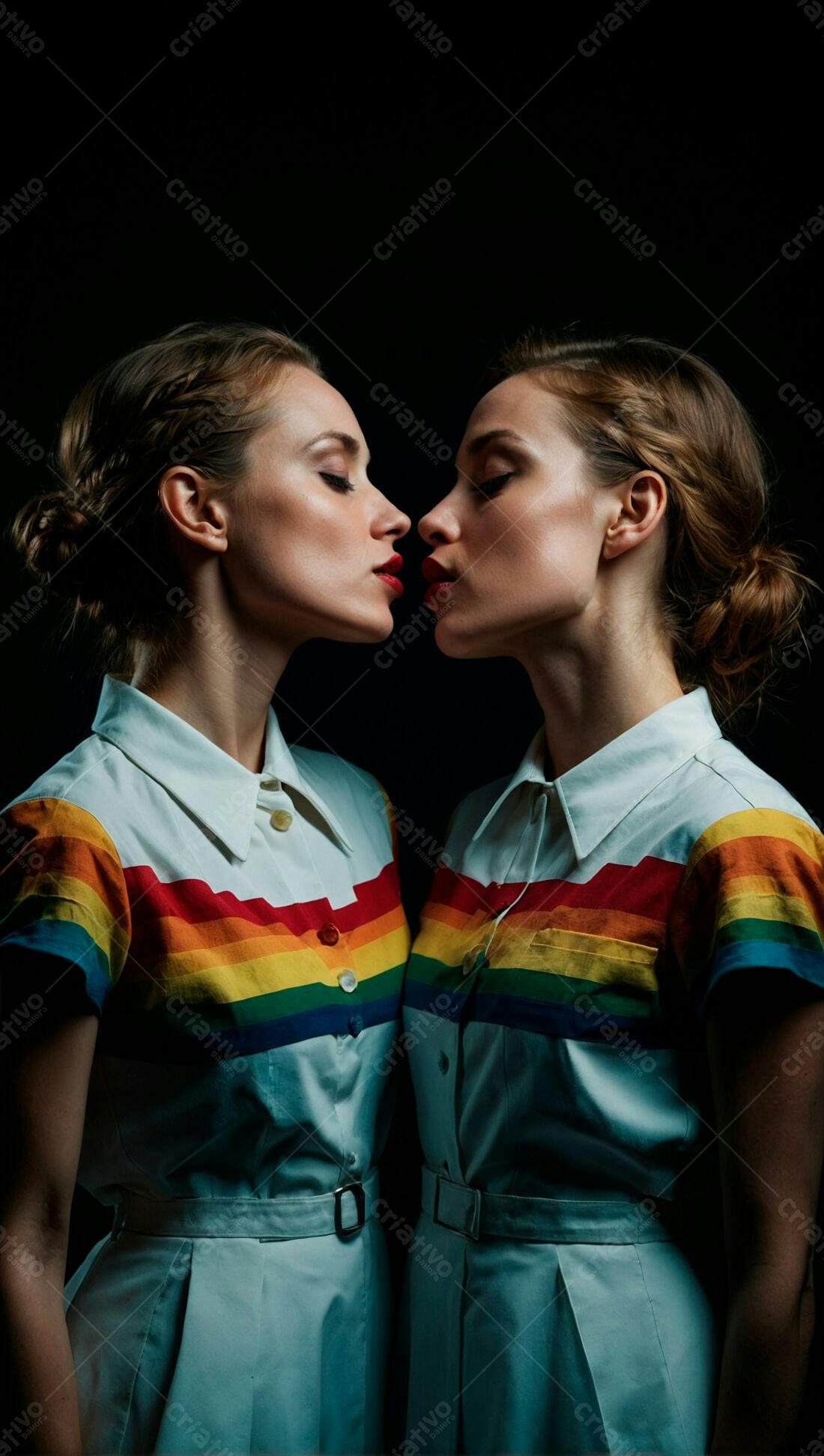 Duas mulheres se beijando em vestidos arco-íris