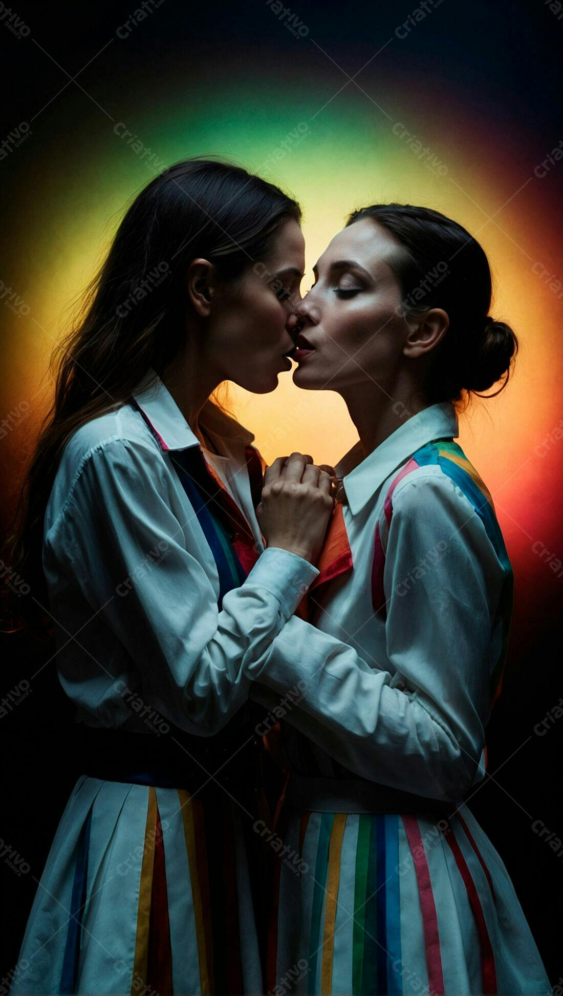 Casal lésbico se beijando fundo colorido