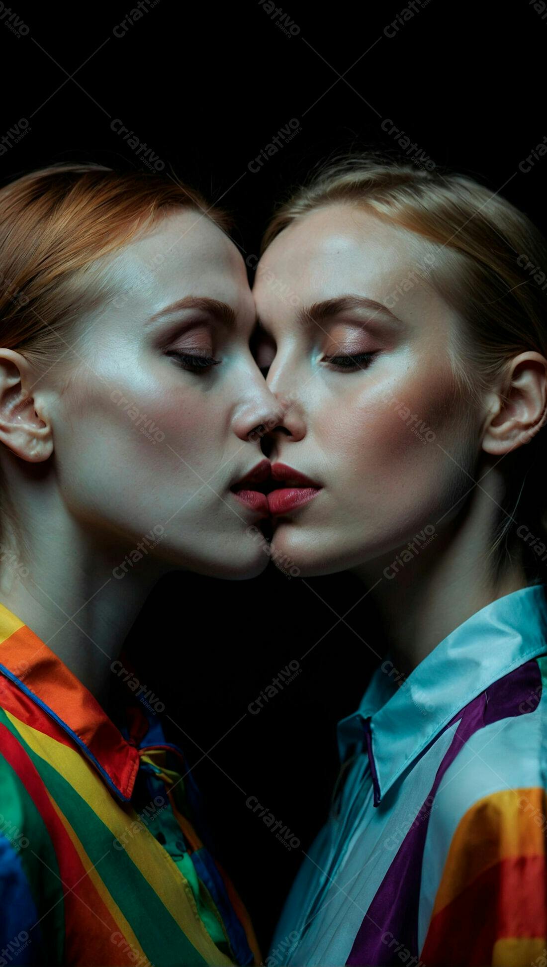 Mulheres se beijando com roupas arco-íris