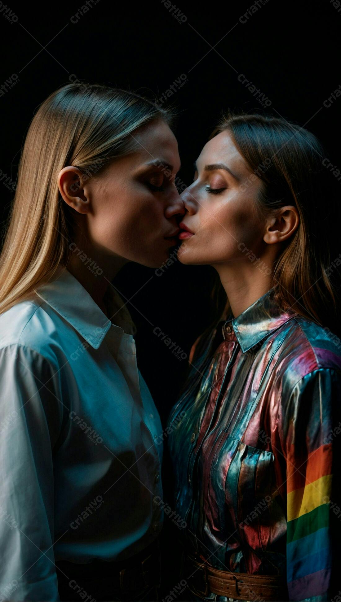 Casal lésbico se beijando fundo escuro