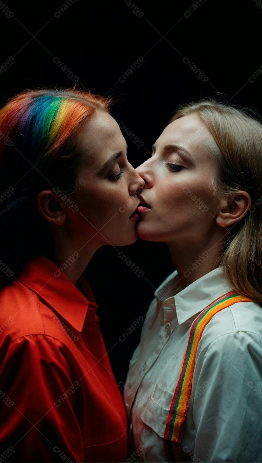 Casal lésbico se beijando fundo preto