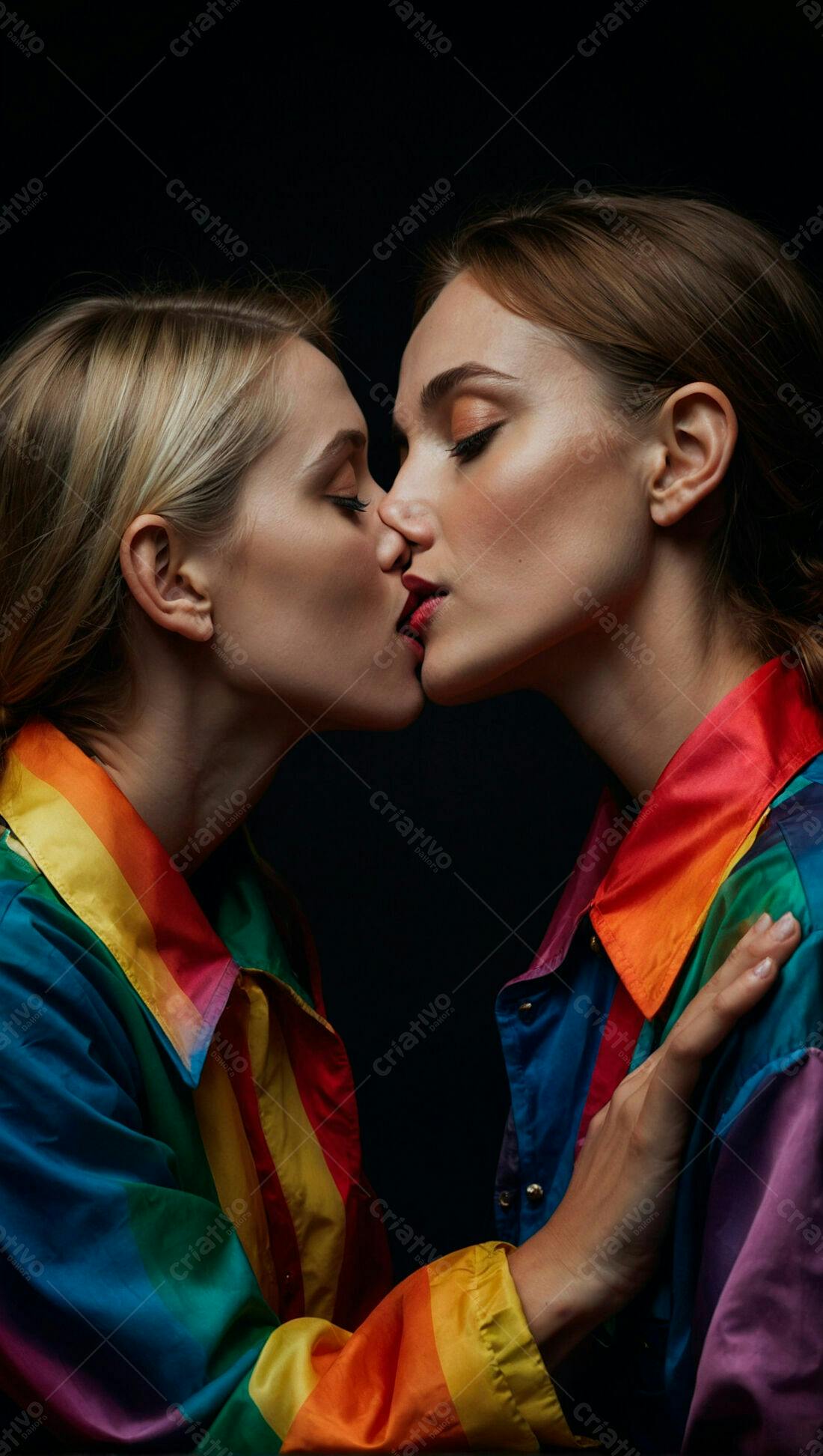 Casal LGBTQIA+ se beijando com jaquetas arco-íris