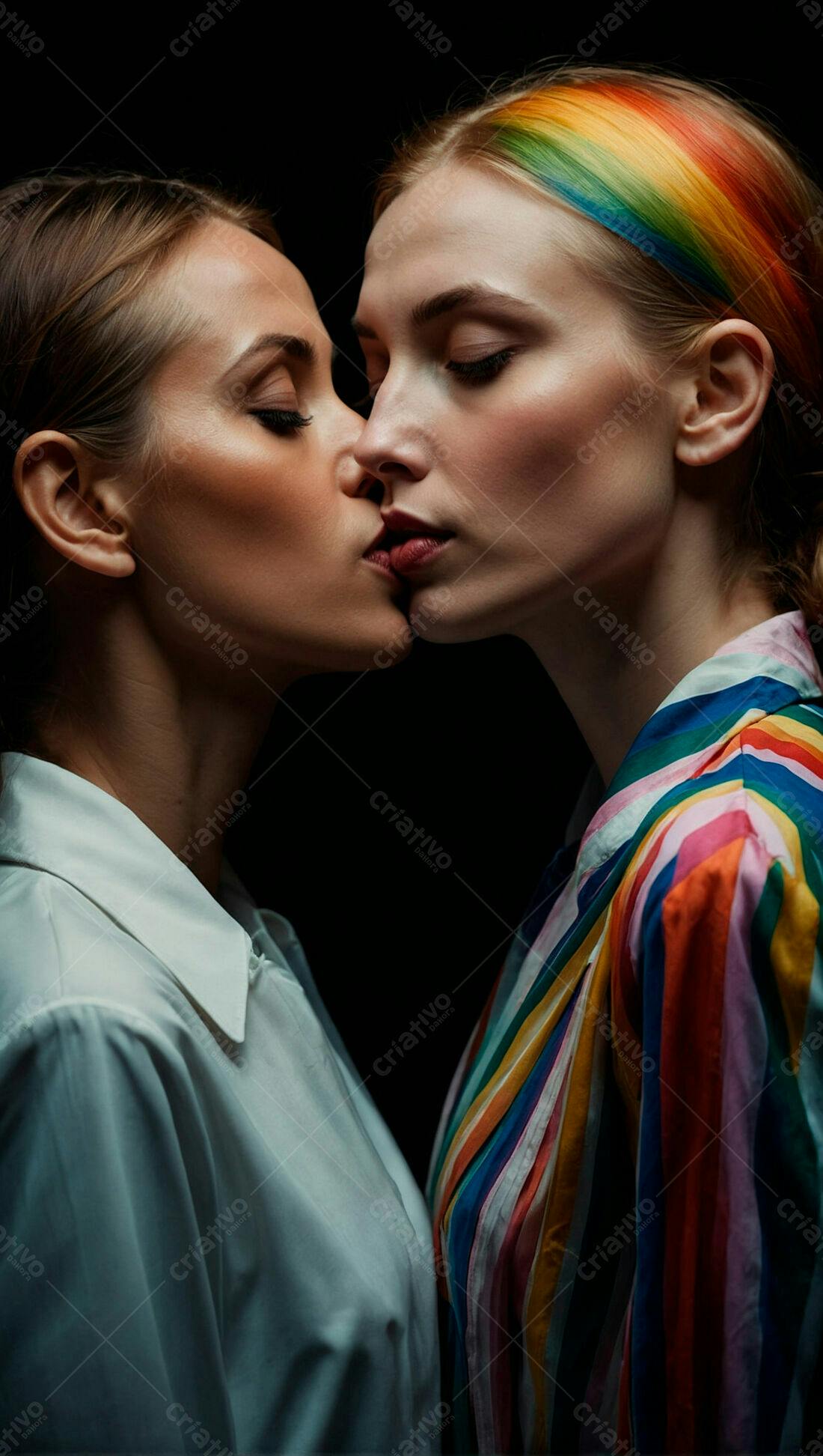 Casal lésbico se beijando fundo escuro