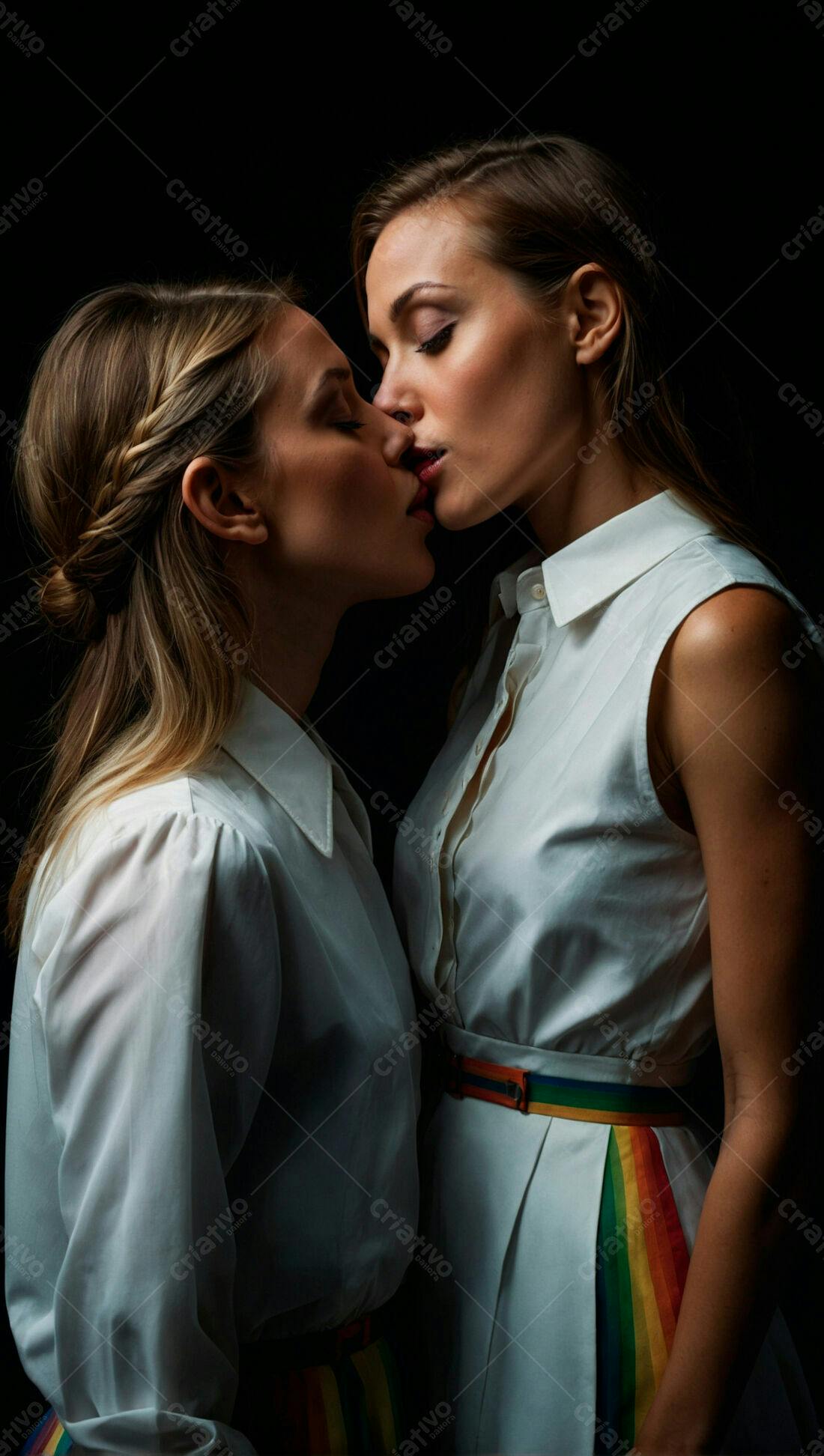 Casal lésbico se beijando fundo escuro