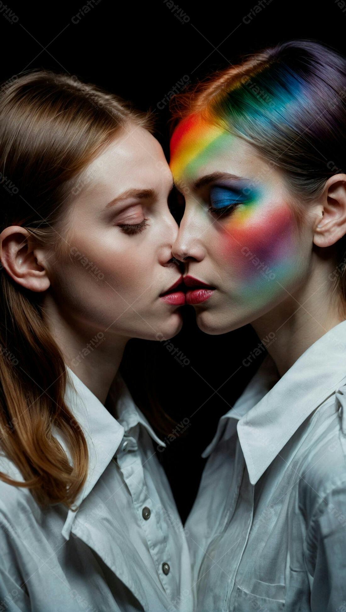Duas mulheres se beijando com maquiagem arco-íris