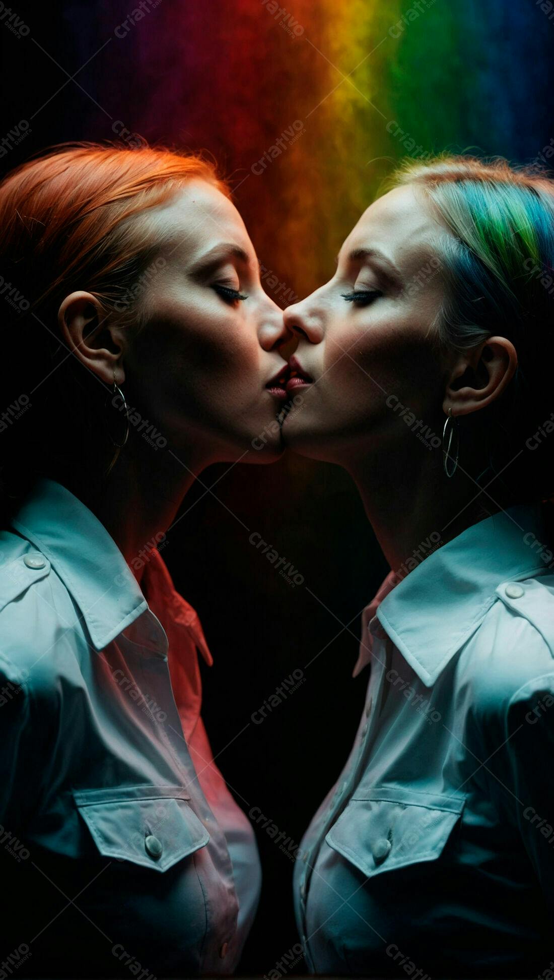 Duas mulheres se beijando fundo arco-íris