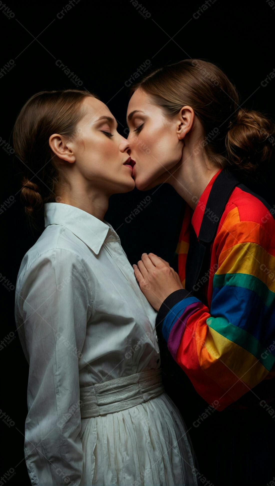 Casal lésbico se beijando fundo preto
