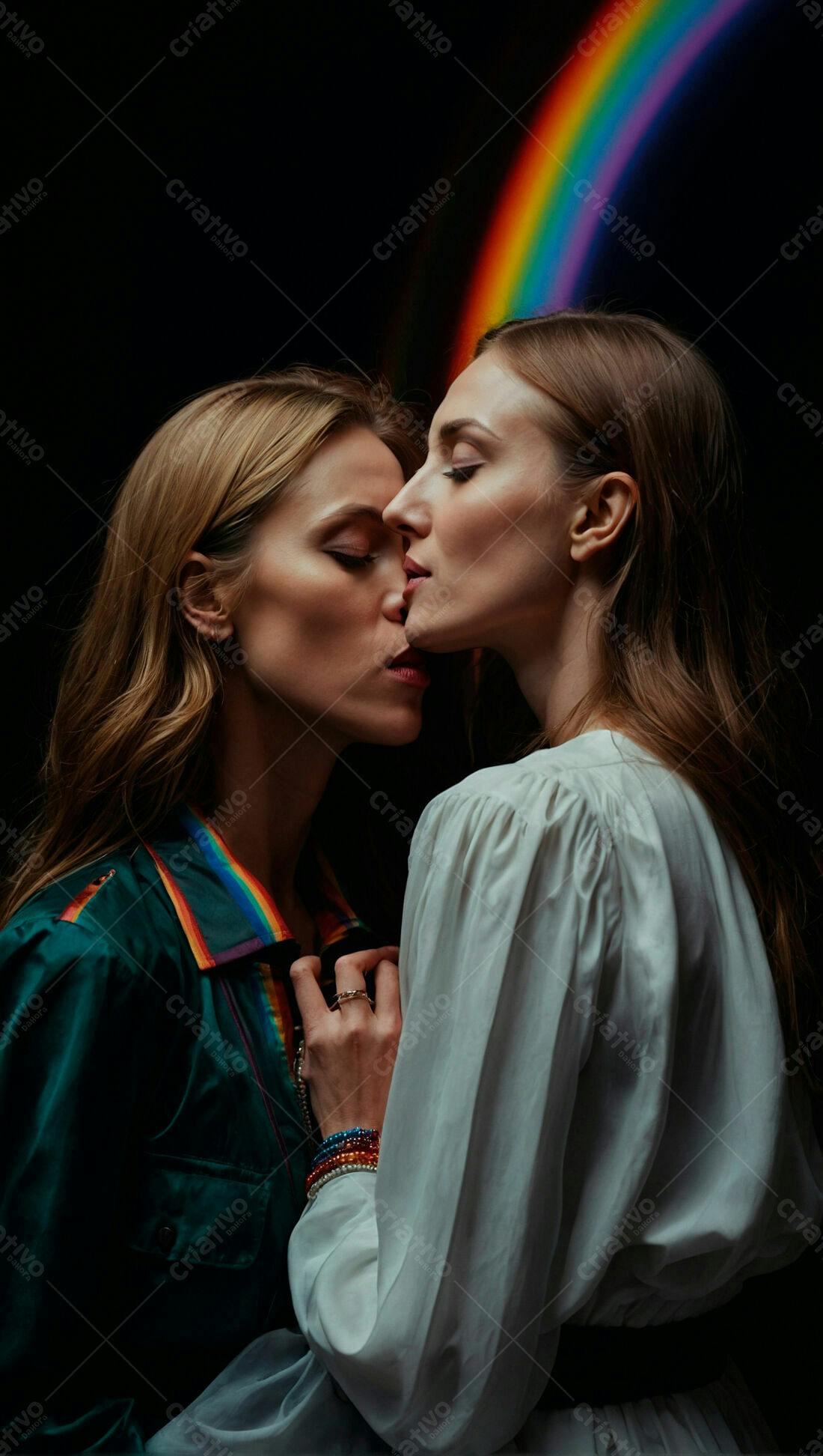 Casal lésbico se beijando com arco-íris