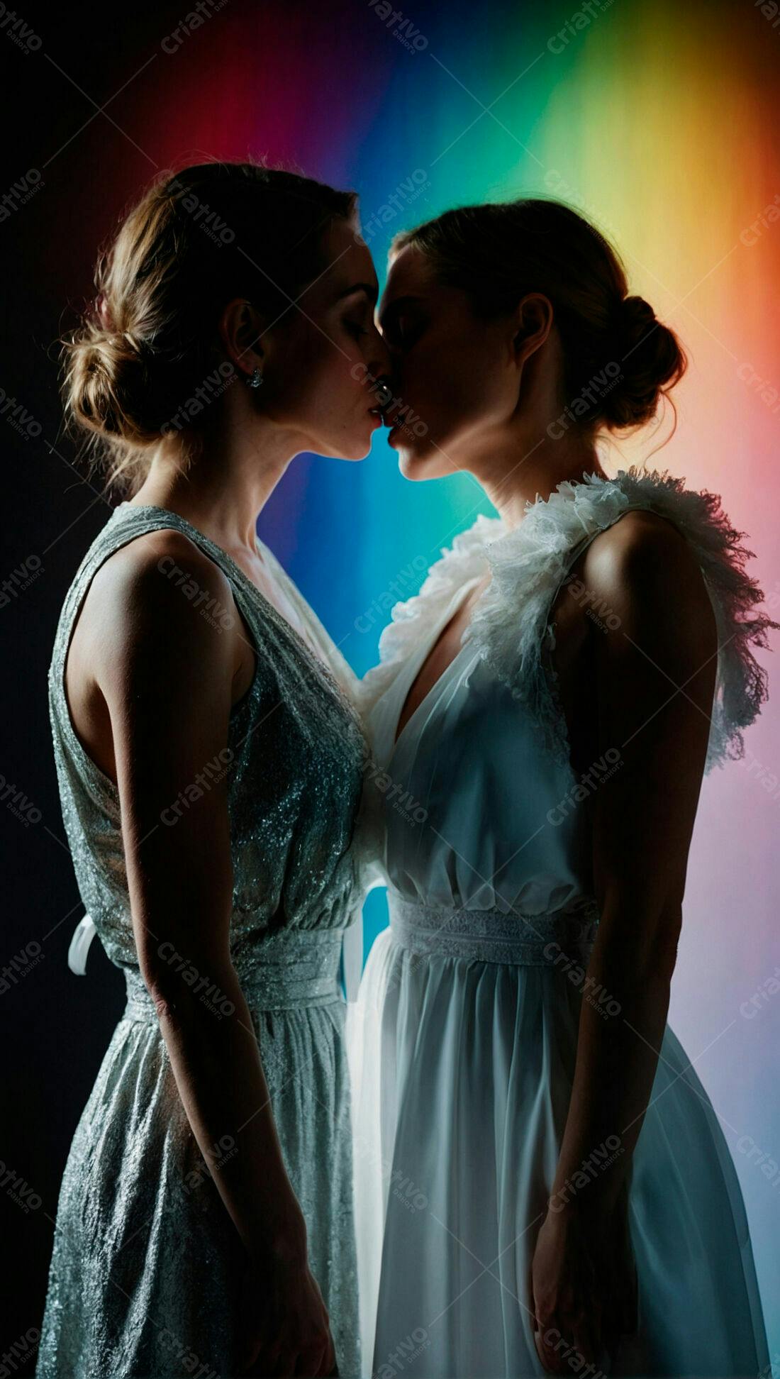 Casal lésbico se beijando fundo arco-íris