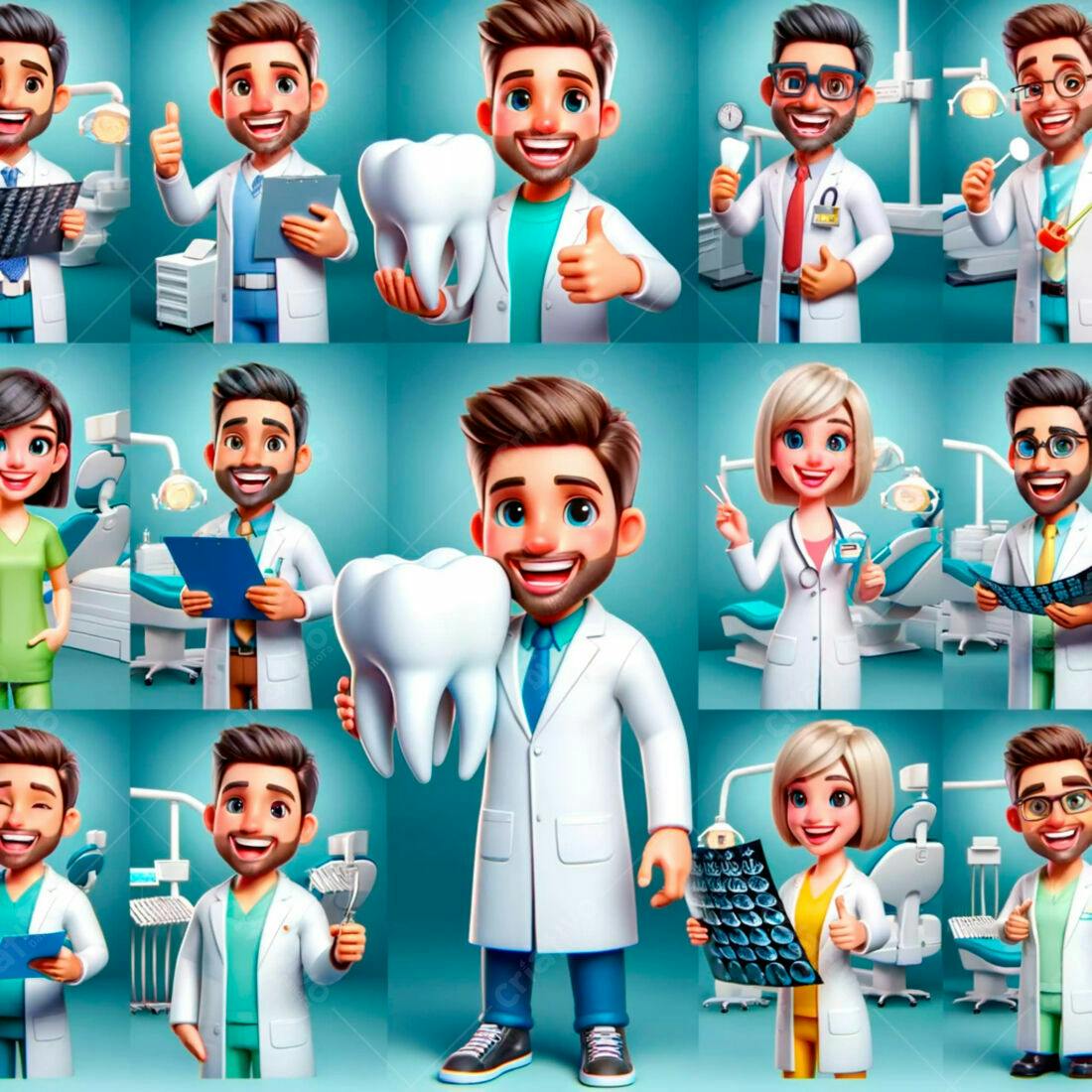 Dentistas animados em consultório odontológico