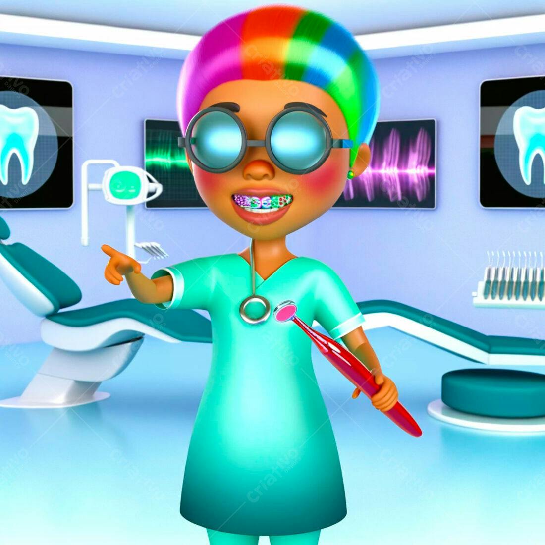 Dentista infantil com cabelo arco-íris