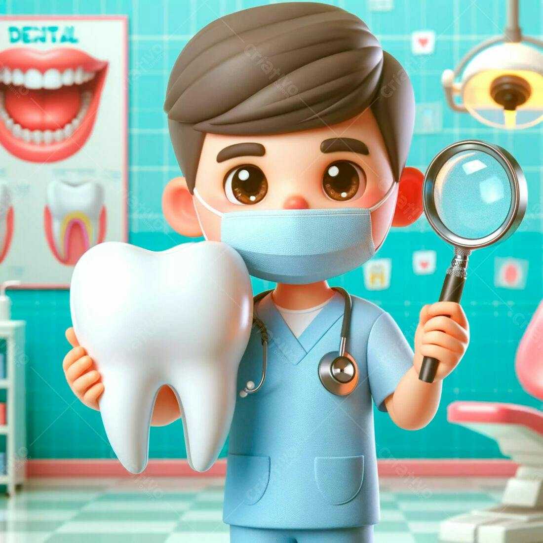 Dentista Infantil com Dente Gigante e Lupa