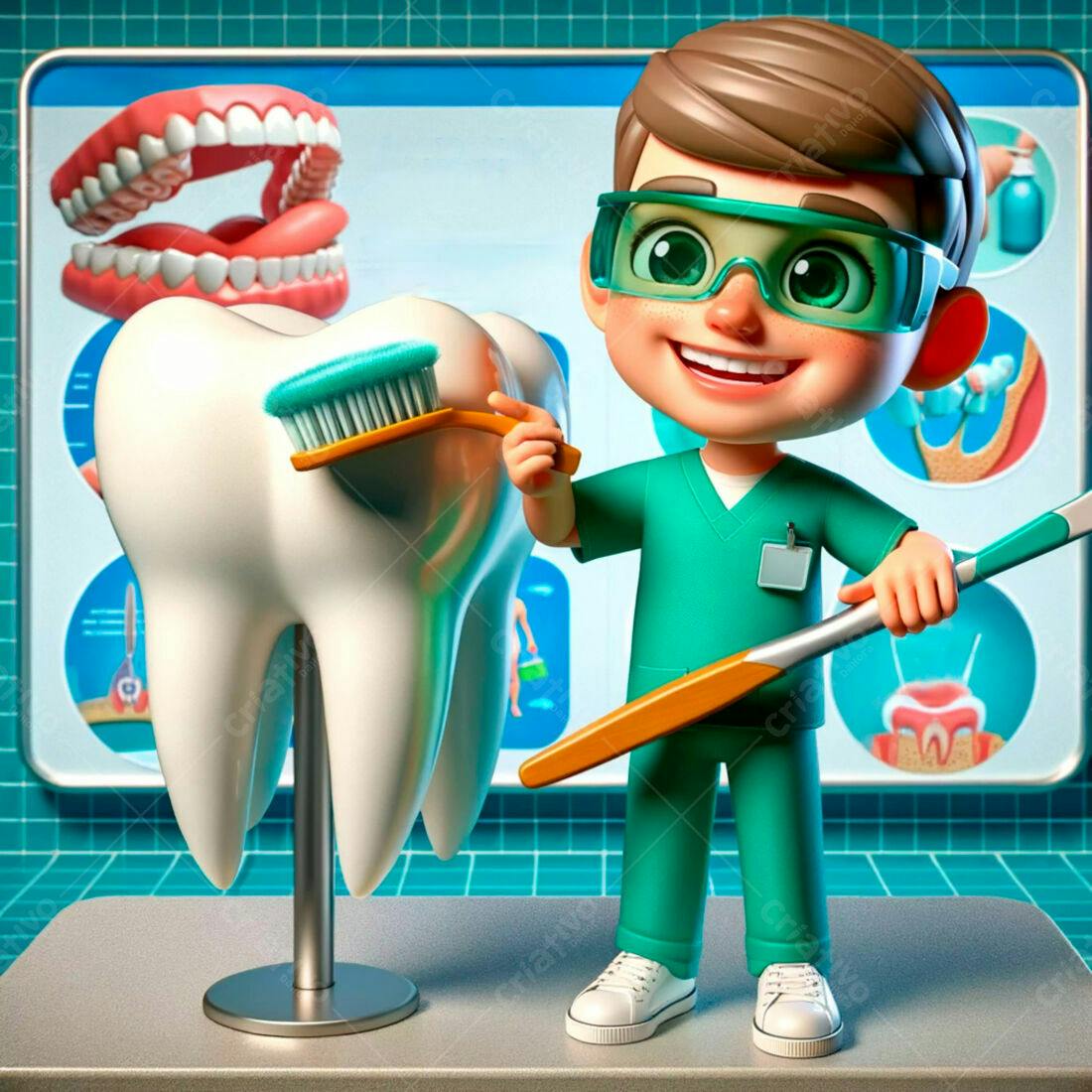 Dentista infantil limpando dente gigante