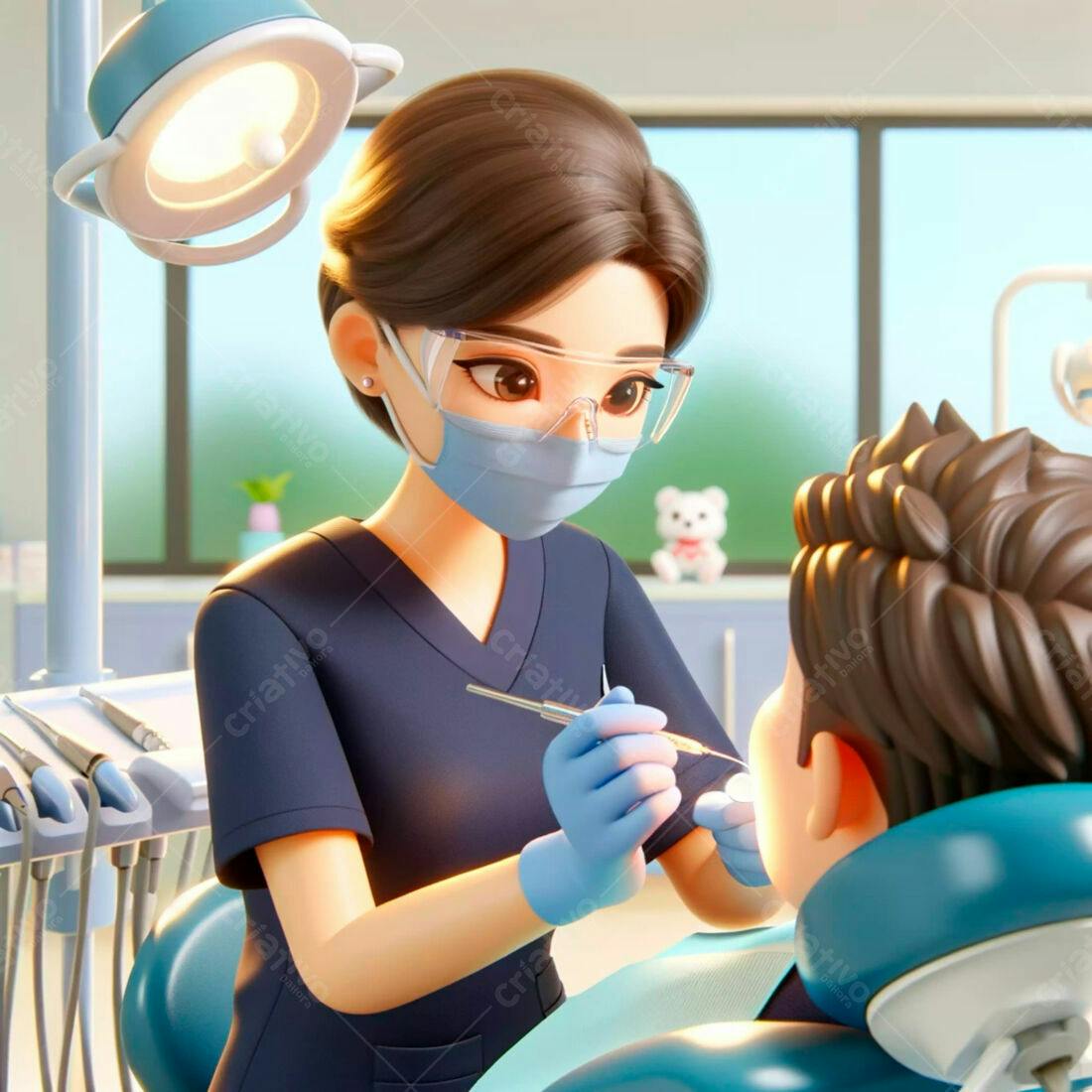 Dentista examinando criança em consultório