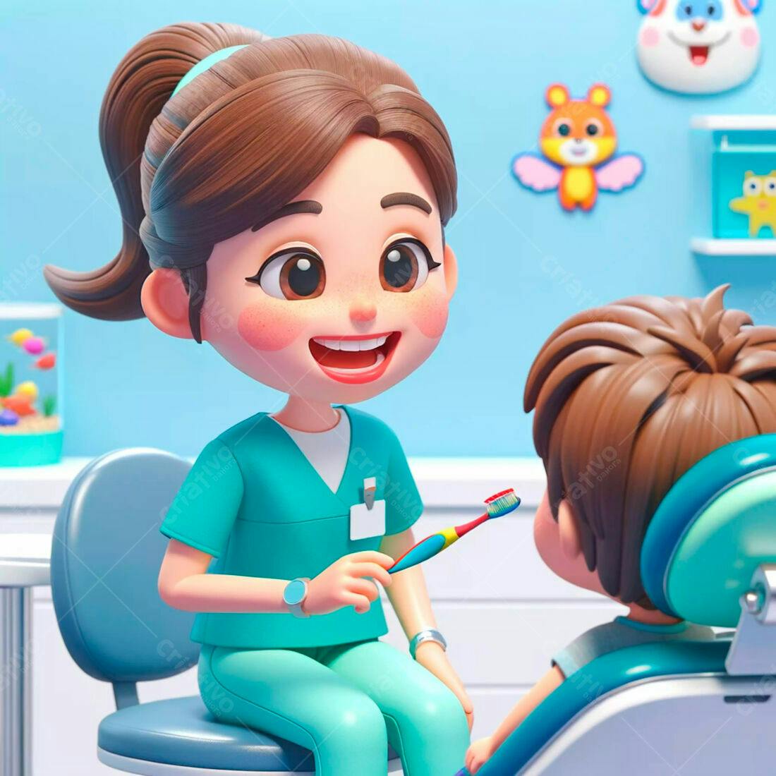 Dentista mostrando escova a criança no consultório