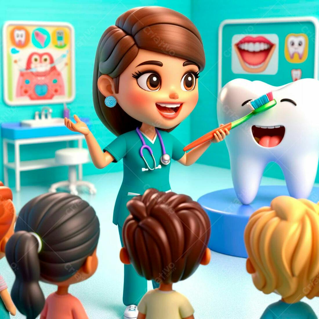 Dentista ensinando crianças higiene bucal