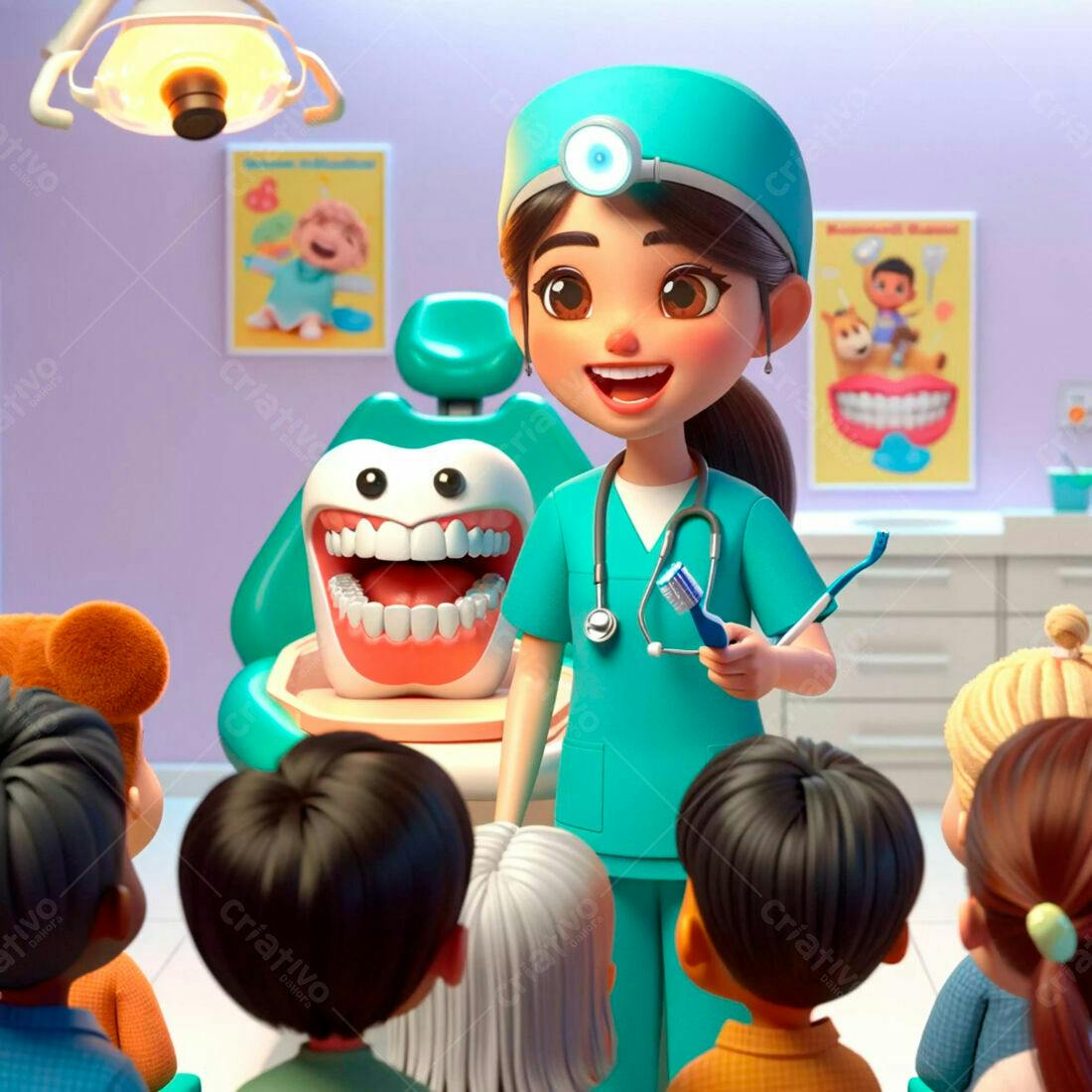 Dentista infantil ensinando higiene bucal