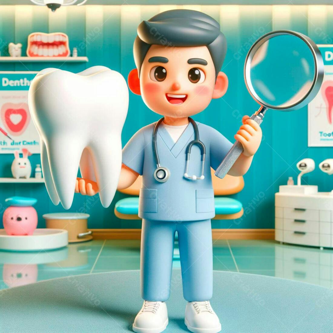 Dentista infantil segurando dente gigante e lupa