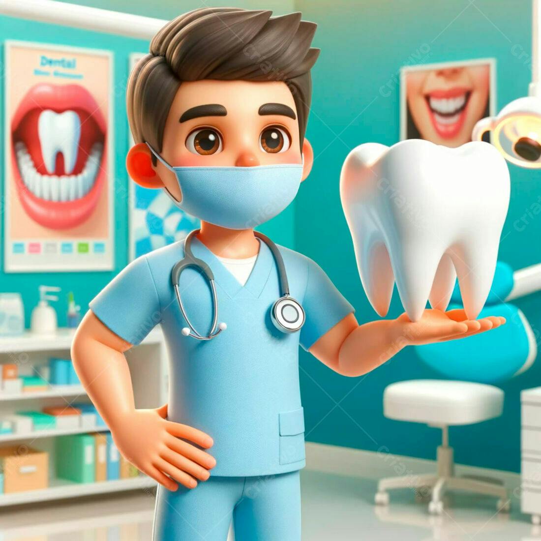 Dentista com dente gigante em consultório