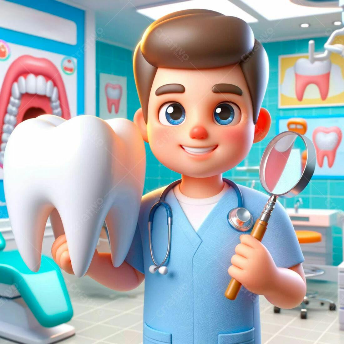 Dentista Infantil com Dente e Lupa