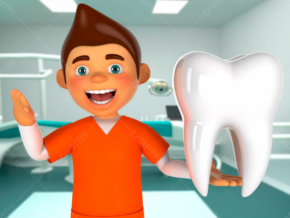 Dentista animado com dente gigante