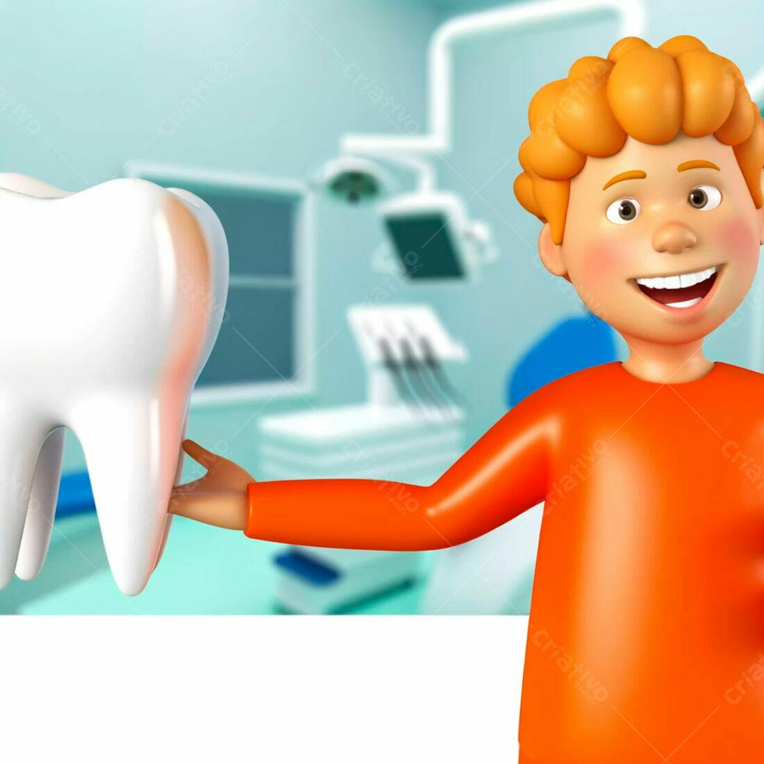 Menino sorridente segurando dente em consultório odontológico
